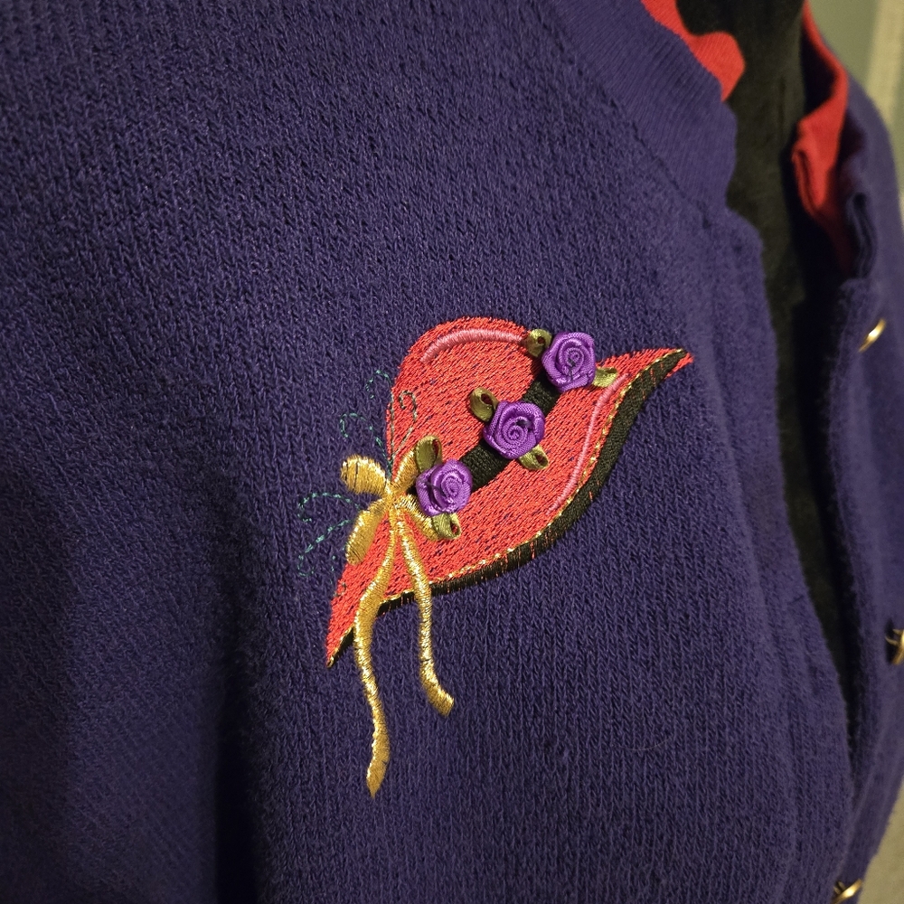 Bon Worth Vintage Purple Red Hat Society sweater cardigan with purse handbag - Picture 3 of 13